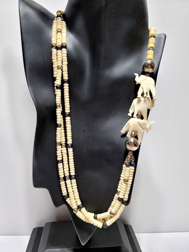 Vintage 23" Bone Necklace with Elephants Multi Strand Hand Made - Picture 3 of 7