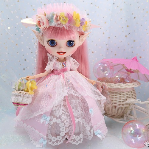 Traje de muñeca Blythe de 12" vestido de hadas rosa diadema elfo canasta de flores - Imagen 5 de 5