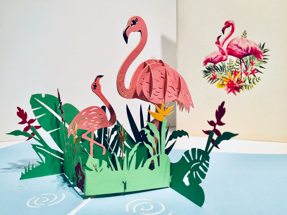 Tarjetas Pop Origami Rosa Flamencos Madre y Bebé 3D Pop Up Tarjeta de Felicitación 12x17cm Foto 4 de 4