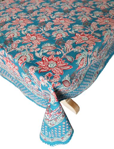 "Handblock bedruckte Tischdecke - Seerose blaugrün - 90"" x 60" - Bild 2 von 3