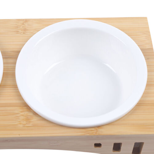 Double Bowl Dog Cat Feeder Bamboo Elevated Stand Raised Dish Feeding Food Water - Picture 9 of 12