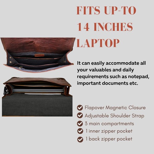 Brown Genuine Leather Flap Over Laptop Bag Shoulder Crossbody Handbag For Office - Picture 4 of 6