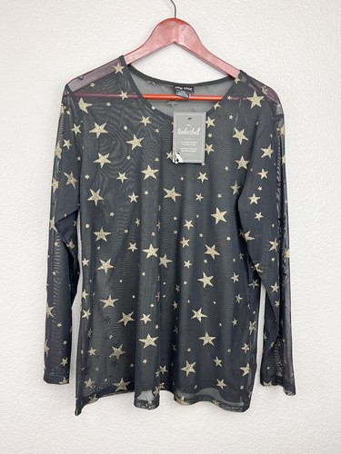 NWT City Chic Top Starry Night Size 16 Black Sheer Gold Stars Stretch - Picture 8 of 15