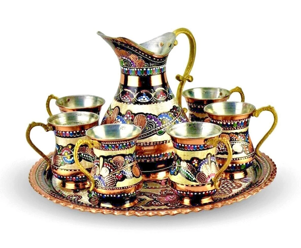 3 Types of Turkish Handmade Copper Jugs Set ( 8 pcs),Anatolian Embroidered Jugs. - Image 2 of 4