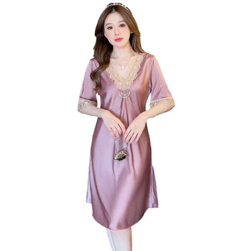 Women Sexy V Neck Satin Nightdress Short Sleeve Silky Nightie Pyjamas Sleepwear - Picture 5 of 27