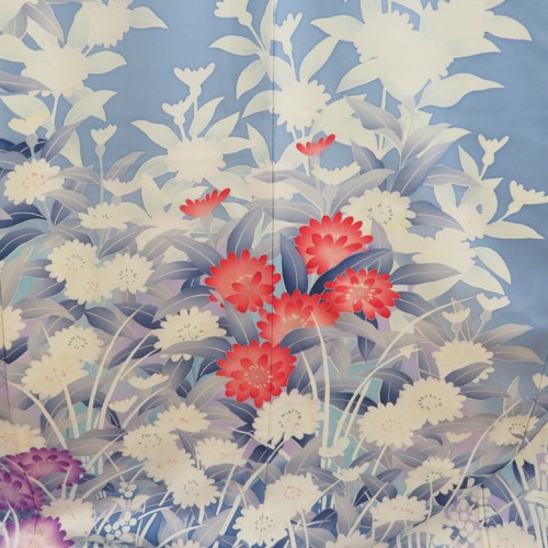 Kimono Furisode seta floreale blu 66,5 pollici donna - Foto 4 di 23