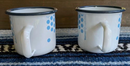 ✅ Set of 2 Metal Enamel Walmart Supply Chain Advertisement Mugs White Blue Dots - Picture 3 of 10