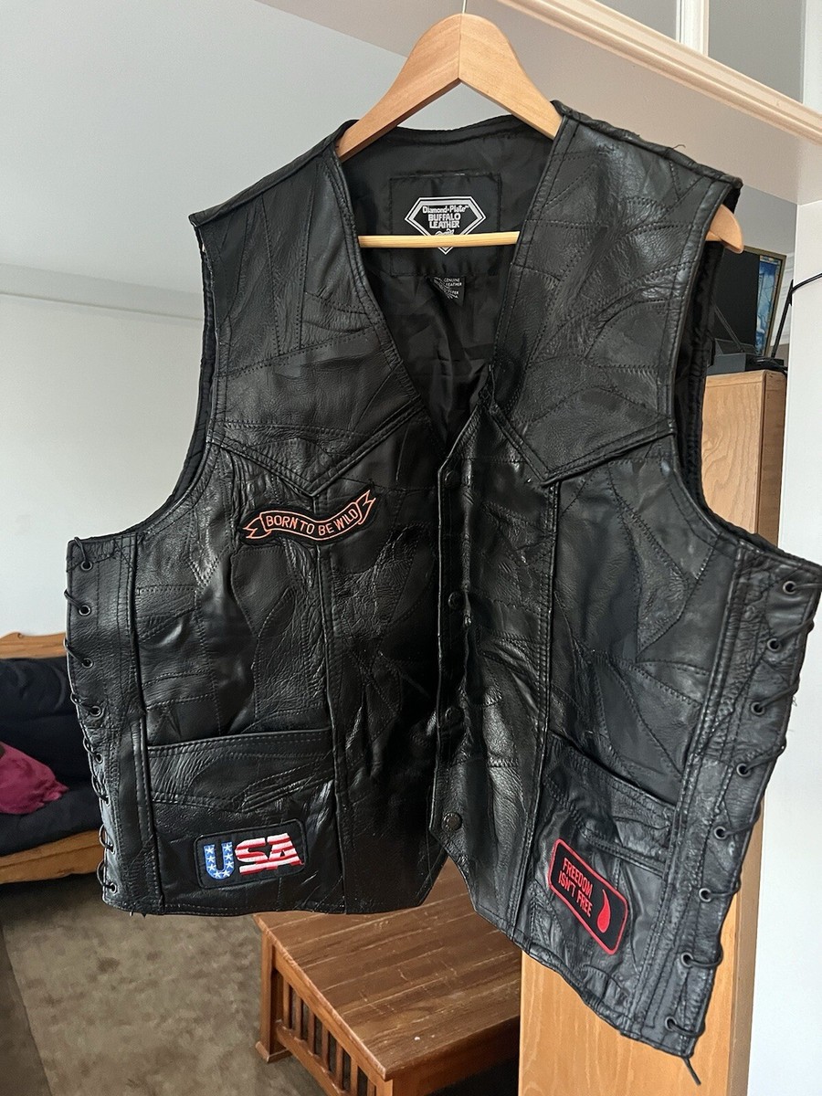 Diamond Plate Buffalo Leather Black Biker Vest with Patches