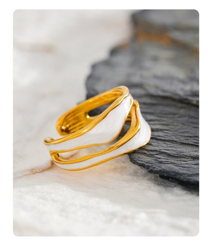 18k Yellow Gold Plated Jewelry Solid Ring Enamel Adjustable Antique White\Black - Picture 7 of 13