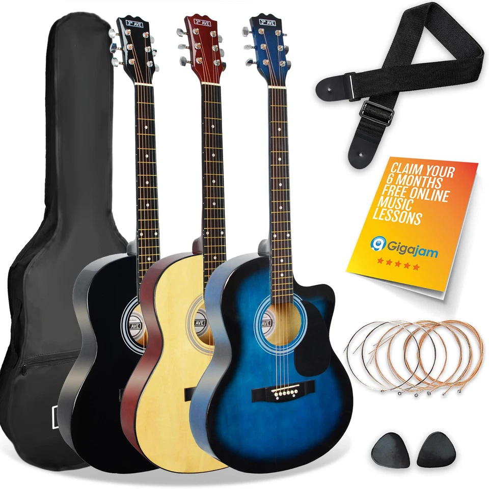 Full Size Acoustic Guitar Cutaway Pack, with Strap, Picks & Strings - 3rd Avenue