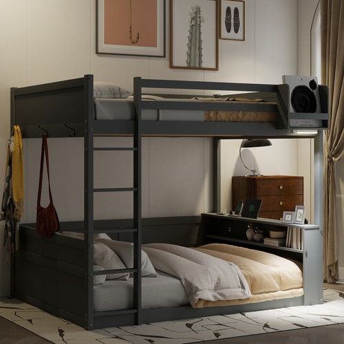 Queen Over Queen Size Wood Bunk Bed w/Storage Cabinets & Charging Station,White - Picture 18 of 48