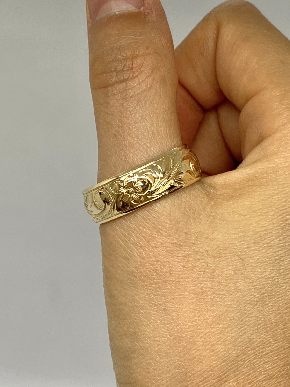 14k Yellow Gold Hand Engraved Hawaiian Ring Plume… - image 10