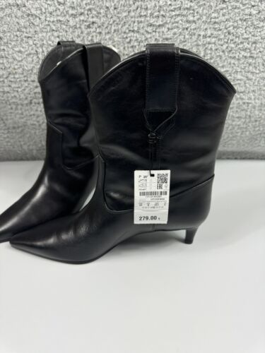 Massimo Dutti Studio schwarz Leder Western Pfennigabsatz Cowboy Stiefeletten 8 US - Bild 2 von 13