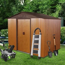 8x6 FT Outdoor Metal Storage Shed with Floor Base & Lockable Sliding Doors Brown