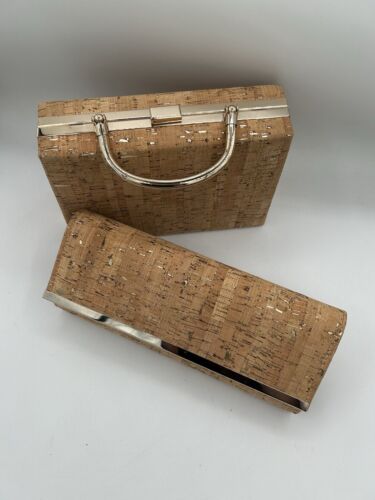 D’Margeaux 10.5” Cork Clutch & 9” Bag w/Detachable Metal Chain Gold Accents New - Picture 15 of 15