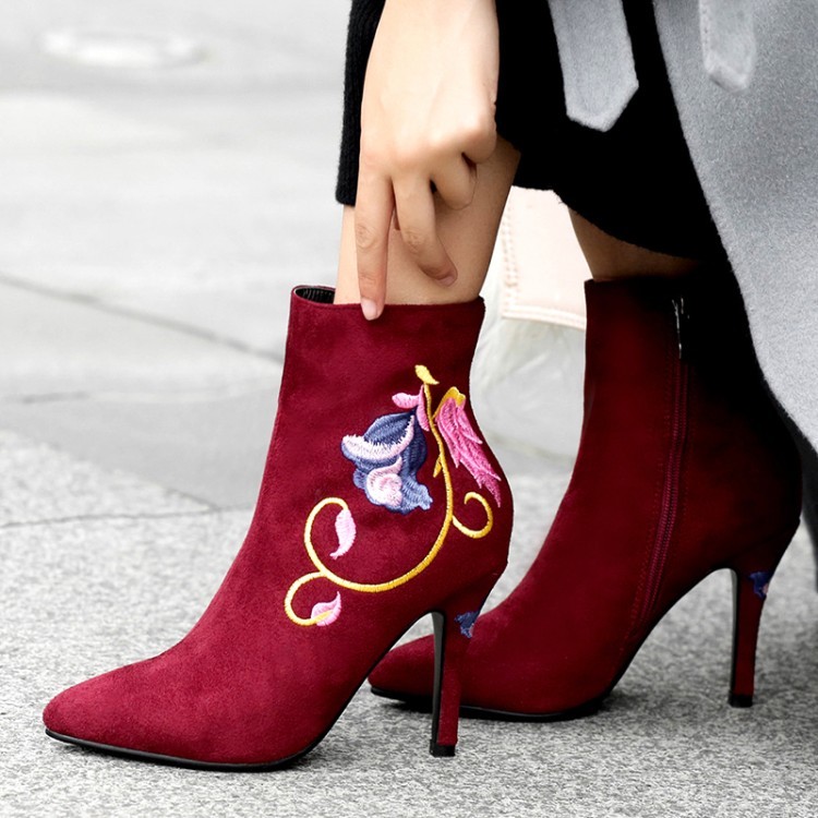 Nuevo para mujer botas al Tobillo Bordado Floral Puntera Puntiaguda Stilettos Zapatos De Tacones Altos Nuevo para mujer botas al Tobillo Bordado Floral Puntera Puntiaguda Stilettos Zapatos De Tacones Altos