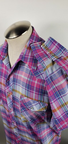 Vintage Men’s Wrangler Cowboy Cut Long Sleeve Pink Bright Plaid Shirt 16 ½ /34 - Picture 3 of 9