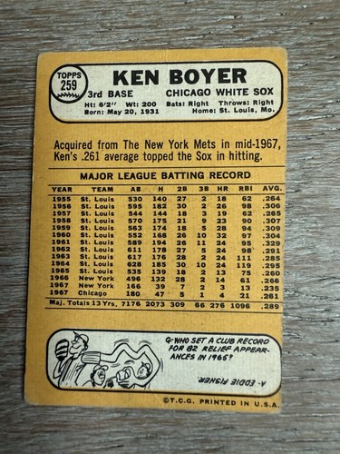 Ken Boyer handsignierte 1968 Topps Baseballkarte #259 - Bild 2 von 2