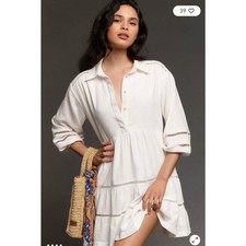 Anthropologie Maeve The Bettina Tiered Mini Shirt Dress Linen Edition Size Large