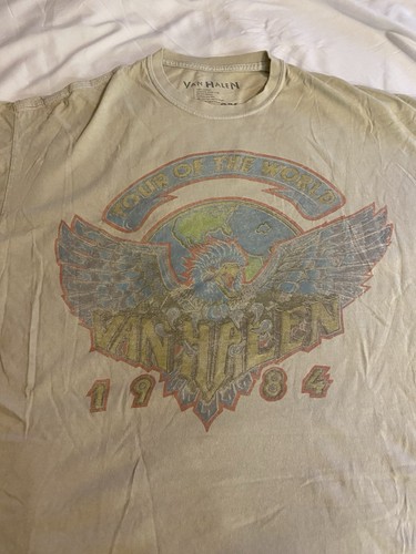 Van Halen World Tour 1984 Retro Graphic T-shirt Men S/M Beige Distressed Music - Picture 2 of 8