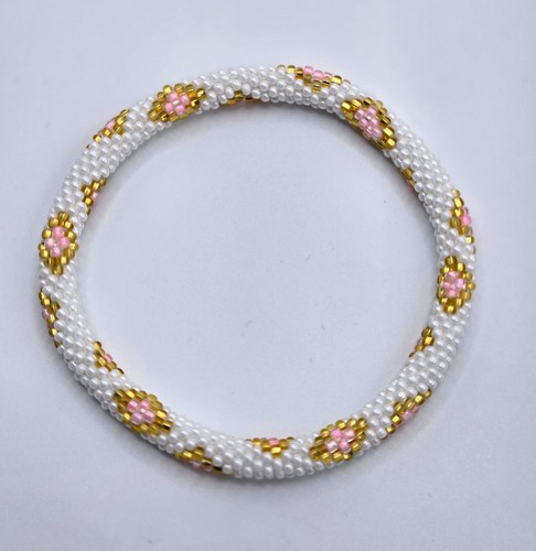 Set of 2 Handmade Glass Seed Bead Beaded White-Pink  Stackable Crochet Bracelets - Picture 5 of 6