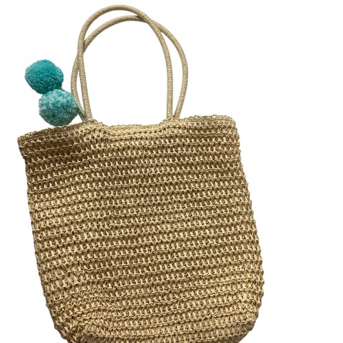Double Nice Crochet Straw Tote Bag Pom Pom Accents 15"x16" Beach Vacation - Picture 3 of 6