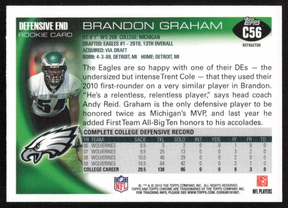 2010 Topps Chrome Orange Refractors Rookie #C56 Brandon Graham Eagles - Image 2 of 2