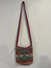The Sak Crochet Crossbody Bag With Beaded Peace Sign Rainbow Stripes Boho