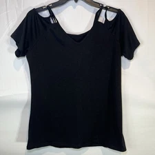 Womens Medium Black Spaghetti Strap Cold Shoulder T-Shirt