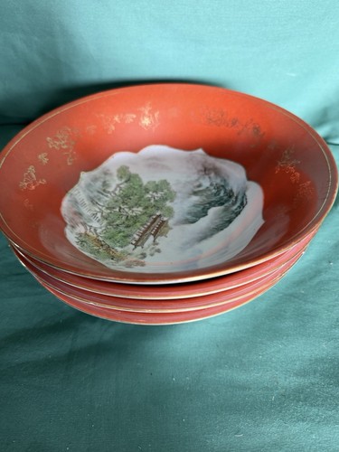Vintage Chinese China Scenic Hand Painted Set 4 bowls  9” Dia X 3” High - Picture 1 of 9