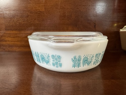 Pyrex Amish Butterprint 1 Pt Cinderella Casserole #471 Turquoise Lid 470-C Chip - Picture 2 of 12