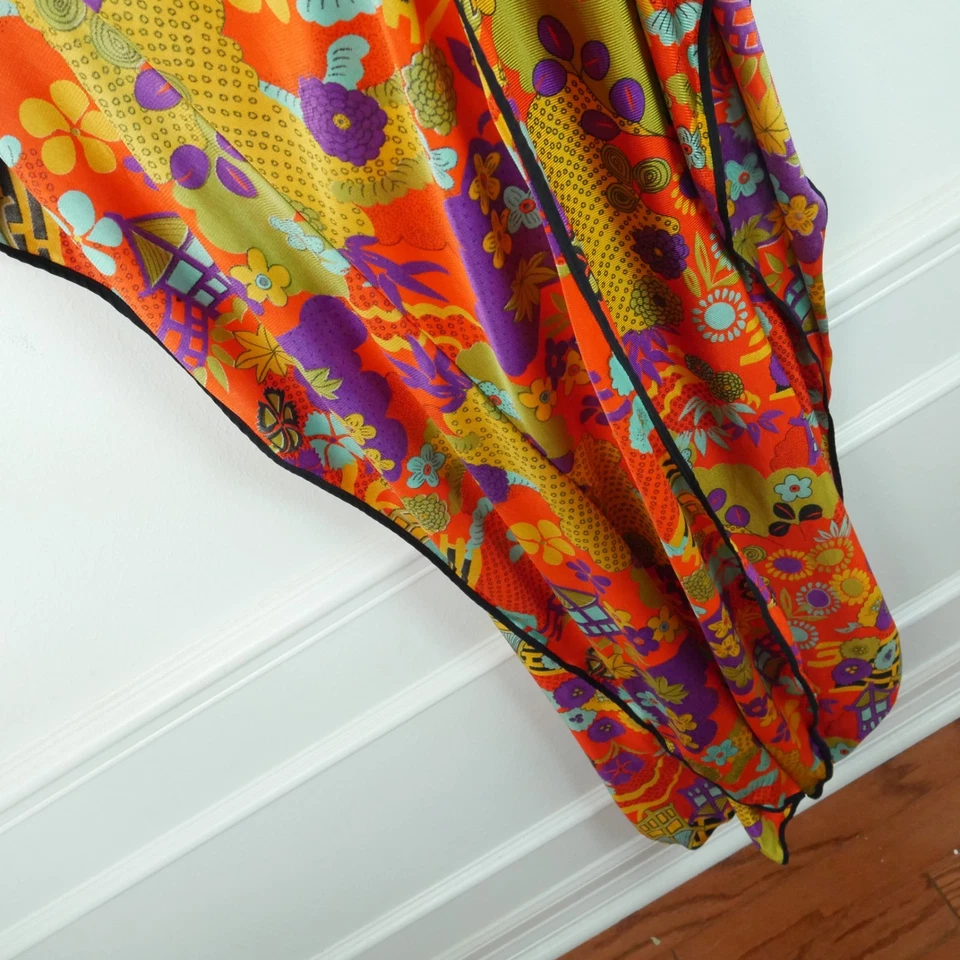 Vintage S M Caftán Años 60 70 Multicolor Asiático Floral Paisaje Boho Hippy Anfitriona Foto 4 de 4