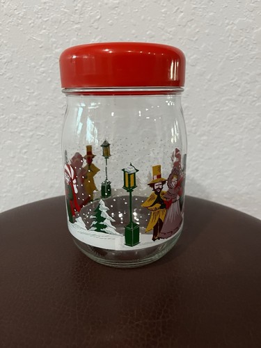 Vtg 70’s Christmas Carolers Glass Jar w/ Red Plastic Lid Made in France 1 Liter - Picture 2 of 10