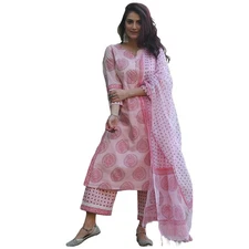GoSriKi Women's Cotton Blend Straight Printed Kurta with Palazzo & Dupatta