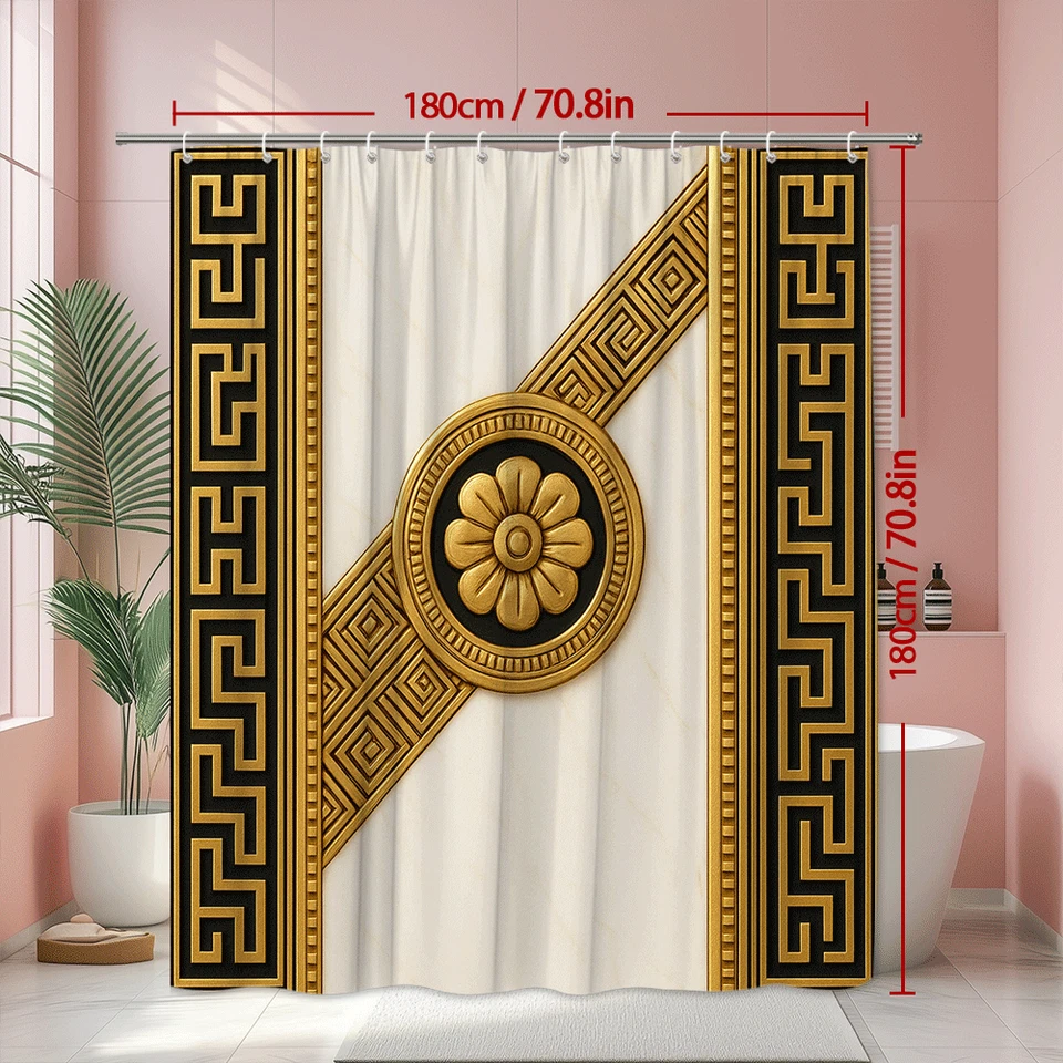 Elegante Cortina de Ducha Negra y Dorada con Diseño Floral, Decoración Moderna Foto 3 de 4