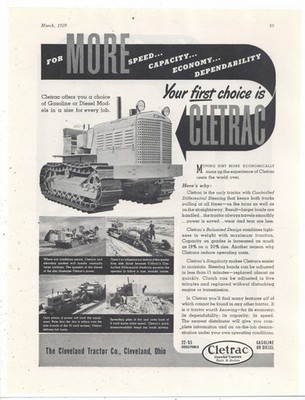 1939 Cleveland Tractor, CLETRAC Ad: Gas or Diesel Models for Road Building Jobs