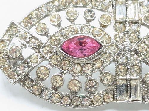 Vintage Silver Tone Rhinestones with Pink Accents Brooch Pin Signed - Picture 2 of 9