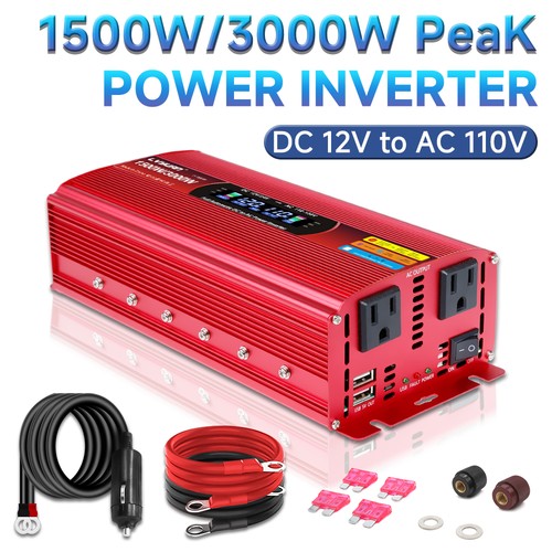 1500W 3000W Inversor de Potencia 12V a 110V 120V Convertidor con 2USB 2AC Negro Rojo - Imagen 2 de 32