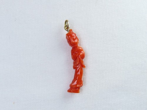 Vintage Chinese 1900's Carved Red Coral Kwan Yin Goddess Pendant 14k Gold Bail - Picture 4 of 11