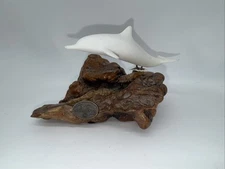 Left Facing John  Perry Dolphin Sculpture on Burl Wood Vintage Decor