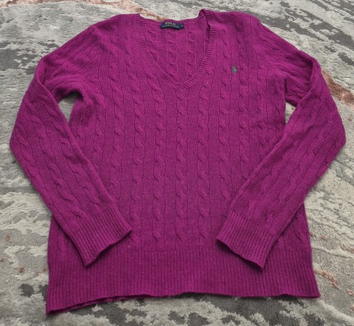 POLO RALPH LAUREN V Neck Cable Knit Jumper Sweatshirt Womens L