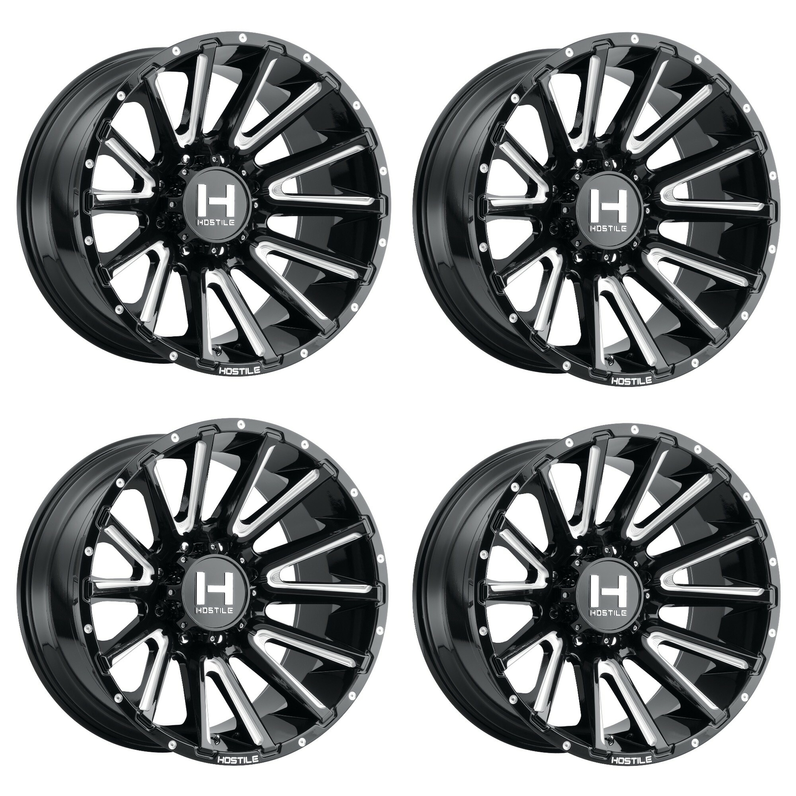Image of Set 4 20" Hostile H123 Typhoon Blade Cut 20x12 Wheels 8x170 -44mm Truck Rims