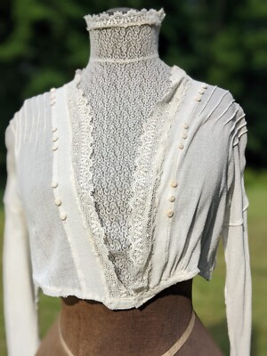 ANTIQUE EDWARDIAN COTTON CREPE & LACE BLOUSE W HIGH COLLAR ANTIQUE EDWARDIAN COTTON CREPE & LACE BLOUSE W HIGH COLLAR