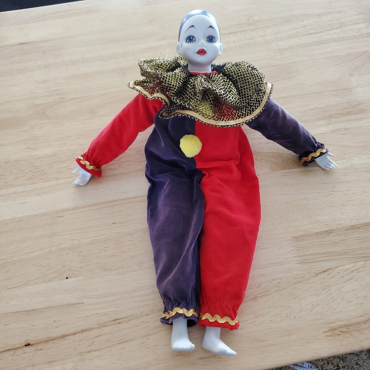 Vintage Pierrot Porcelain Doll Purple And Red Clown Jumpsuit