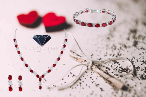 White Gold Finish Ruby Love & Kisses Simulated Jewellery Set Gift Box Included - Picture 6 of 10