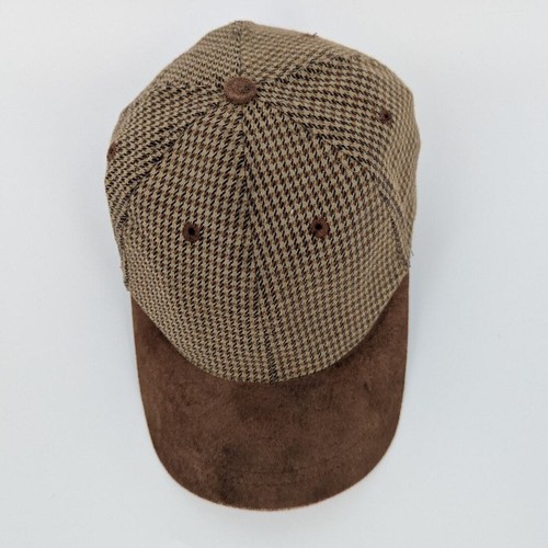 Vintage Houndstooth Baseball Cap w Suede Bill & Adjustable Leather Strap - Picture 2 of 7