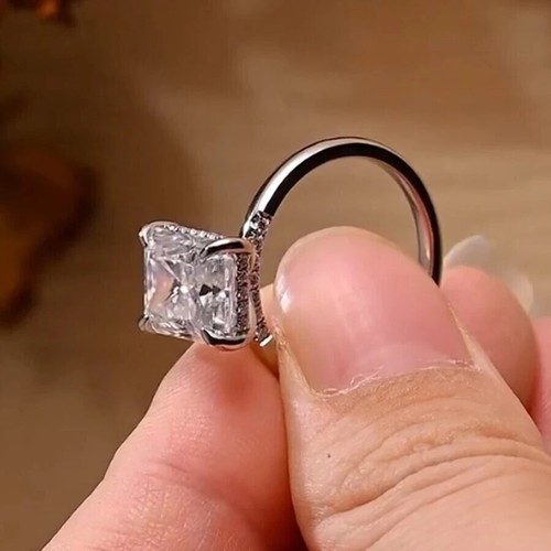 3.40 TCW Radiant Moissanite Hidden Halo Engagement Ring In 14K White Gold Plated - Picture 3 of 10
