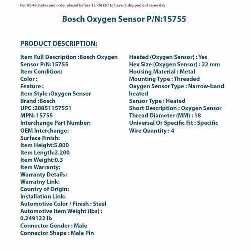 Bosch Oxygen Sensor 15755 fits Ford 2007-10 Edge 2008-09 Taurus 2008-09 Taurus X - Picture 7 of 12