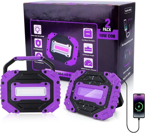 2 Pack Cordless Rechargeable Black Light - 395nm Ultraviolet LED Floodlights - Picture 3 of 10