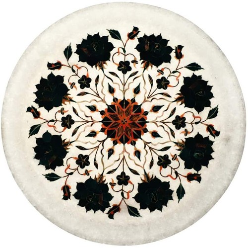 Plato de servir decorativo italiano de mármol blanco con incrustaciones de malaquita floral piedra - Imagen 5 de 9